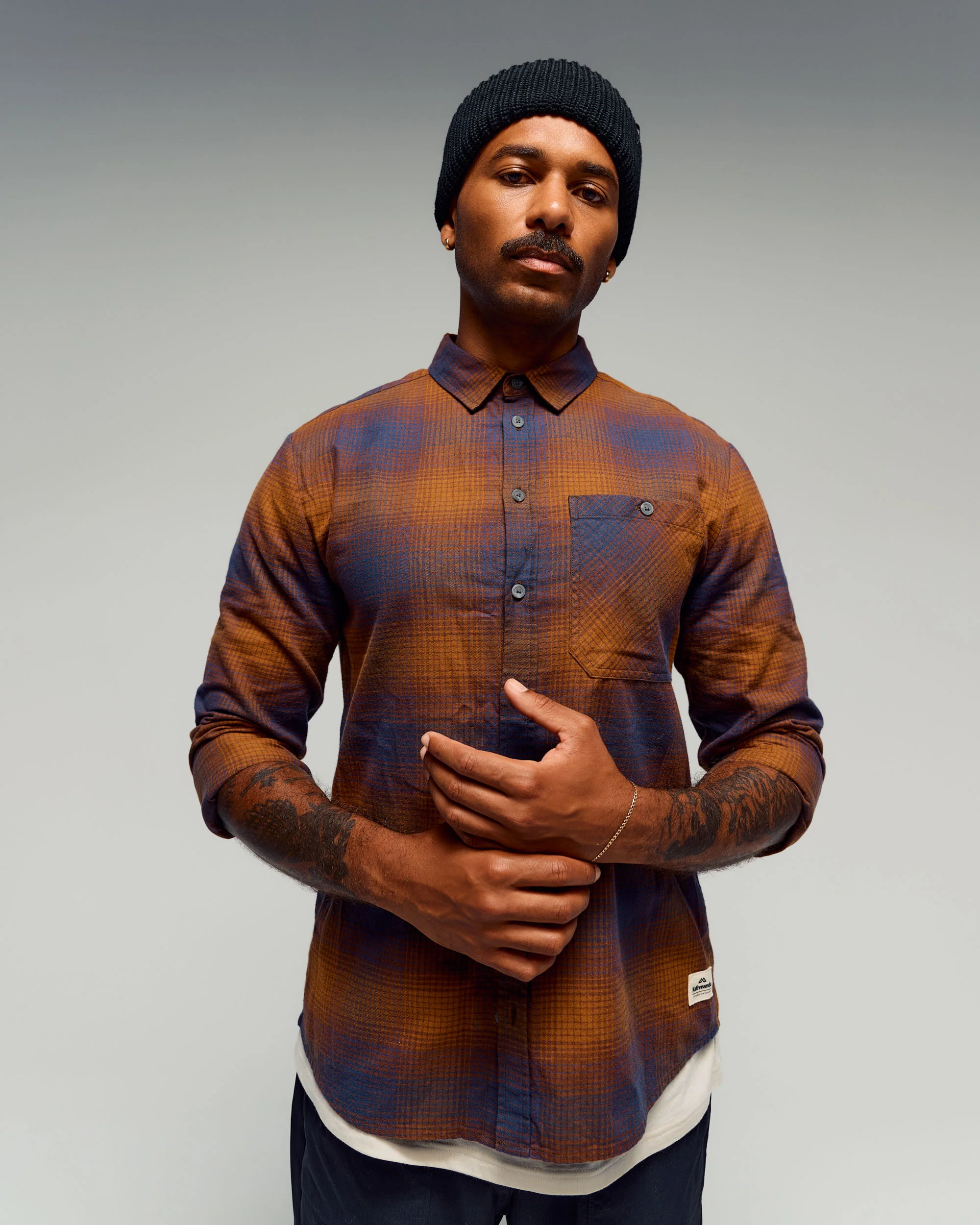 Men's Retreat Fyfe Long Sleeve Shirt -  Cocoa/Navy Plaid - Image 2