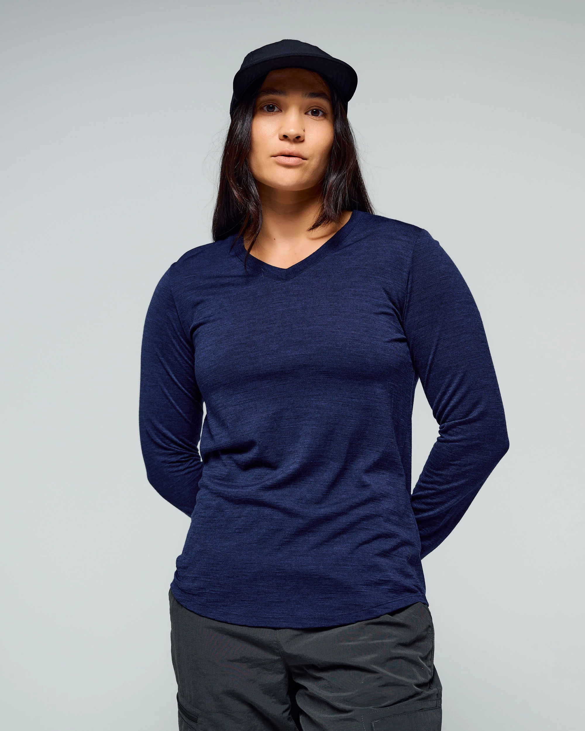 Women's 100% Merino Long Sleeve V-Top - Midnight Navy Marle - Image 2
